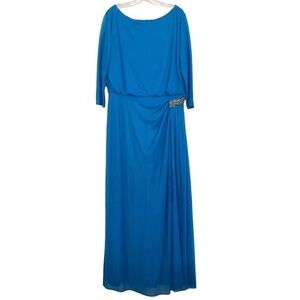 ALEX EVENINGS Peacock Blue Side Ruched Embellished 3/4 Sleeve Gown